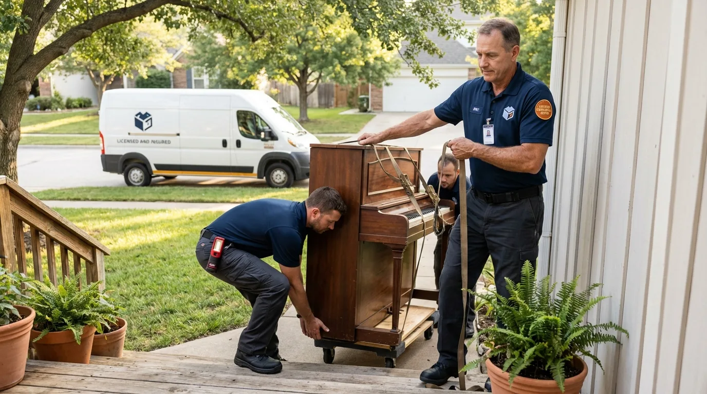 Licensed piano movers securing grand piano in Dallas, OR