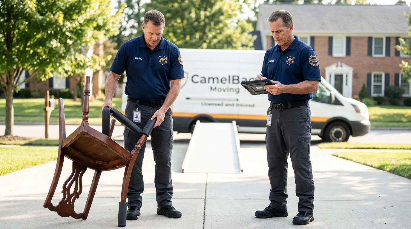 Movers inspecting furniture for damage prevention before loading in Dallas, OR