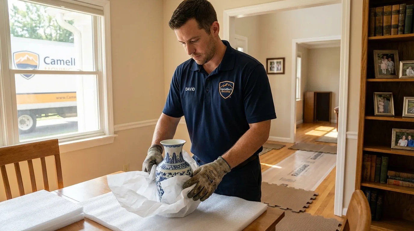 Professional crew carefully wrapping antique vase for senior downsizing move in Dallas, OR